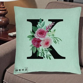 Cadou Personalizat - Perna Personalizata Monograma Florala Litera K, 40x40 cm, Verde Menta, Husa Detasabila, Perna Inclusa, BEKZ®