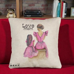 Cadou pentru Mama - Perna Personalizata Love Mom Rochii Roz, 40x40 cm, Bej Canapea, Husa Detasabila, Perna Inclusa, BEKZ®
