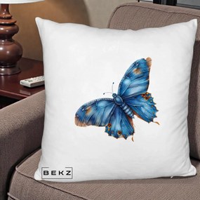 Perna Decorativa Fluture Albastru Satin cu Pete Aurii, 40x40 cm, Alb Pufos, Husa Detasabila, Perna Inclusa, BEKZ®