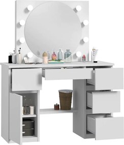 Masuta machiaj cu Oglinda LED si 5 Sertare pentru Cosmetice, Set Masa toaleta 120 cm, Alb, masuta cosmetica, vanity - SEA545