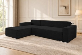 Colțar extensibil Livia Mini din catifea reiată, negru, colț pe stânga, cu ladă de depozitare