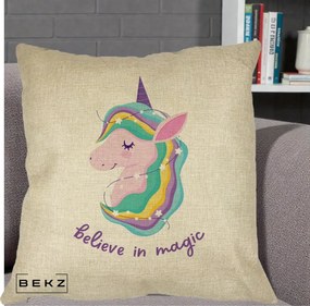 Perna Decorativa Unicorn Believe in Magic, 40x40 cm, Crem, Husa Detasabila, Perna Inclusa, BEKZ®