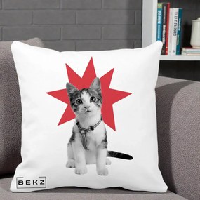 Perna Decorativa Pisica Star Pop Art, 40x40 cm, Alba Mata, Husa Detasabila, Perna Inclusa, BEKZ®