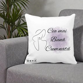 Cadou pentru Cumnata - Perna Personalizata Cea mai Buna Cumnata cu Silueta Dama si Pete Violet, 40x40 cm, Alba Mata, Husa Detasabila, Perna Inclusa, BEKZ®
