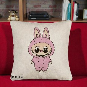 Perna Personalizata Labubu Mov Pastel, 40x40 cm, Bej Canapea, Husa Detasabila, Perna Inclusa, BEKZ®