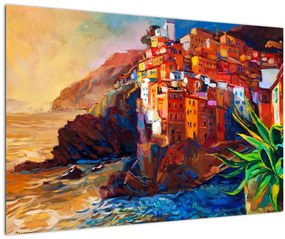 Tablou - Satul de coastă Cinque Terre, Riviera italiană, impresionismul modern (90x60 cm)