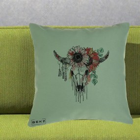 Perna Decorativa Craniu Boho Floral, 40x40 cm, Verde, Husa Detasabila, Perna Inclusa, BEKZ®