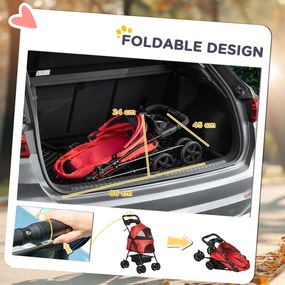 PawHut Cărucior buggy pliabil câine pisică coș depozitare suporturi pahare țesătură Oxford 300D impermeabilă 4 roți roșu | Aosom Romania