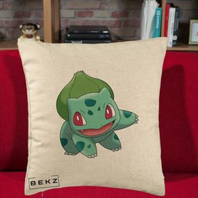 Perna Personalizata Bulbasaur Pokemon, 40x40 cm, Bej, Husa Detasabila, Perna Inclusa, BEKZ®