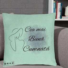 Cadou pentru Cumnata - Perna Personalizata Cea mai Buna Cumnata cu Silueta Dama si Pete Violet, 40x40 cm, Verde Menta, Husa Detasabila, Perna Inclusa, BEKZ®