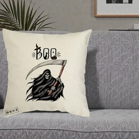 Perna Decorativa Halloween Boo Grim Reaper cu Coasa, 40x40 cm, Ecru, Husa Detasabila, Perna Inclusa, BEKZ®