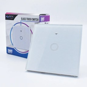 Intrerupator simplu smart, sticla securizata alba, control Tuya, Masterled