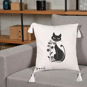 Perna Decorativa Pisica Neagra Grafica Minimalista, 40x40 cm, Bej cu Franjuri, Husa Detasabila, Perna Inclusa, BEKZ®