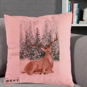 Perna Decorativa Ren in Padure Roz Moale, 40x40 cm, Roz, Husa Detasabila, Perna Inclusa, BEKZ®