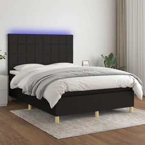 Pat cu arcuri, saltea si LED, negru, 140x190 cm, textil Negru, 140 x 190 cm, Cu blocuri patrate