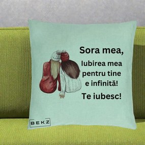 Cadou pentru Sora - Perna Personalizata Sora Mea Te Iubesc Doua Fete Iarna Acuarela, 40x40 cm, Verde Menta, Husa Detasabila, Perna Inclusa, BEKZ®