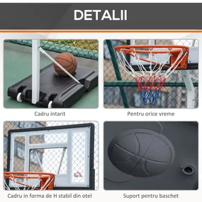 HOMCOM Coș baschet pentru adulți cu panou din PVC reglabil 210-260cm și roți integrate alb | Aosom Romania