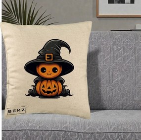 Perna Decorativa Halloween Dovleac Vrajitor Kawaii, 40x40 cm, Bej, Husa Detasabila, Perna Inclusa, BEKZ®