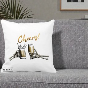 Perna Decorativa Halloween Cheers Schelete cu Bere, 40x40 cm, Alba Mata, Husa Detasabila, Perna Inclusa, BEKZ®