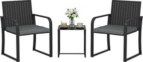 Outsunny Set de mobilier de grădină din ratan sintetic cu 2 scaune cu perne și masă cu blat din sticlă, gri | Aosom Romania