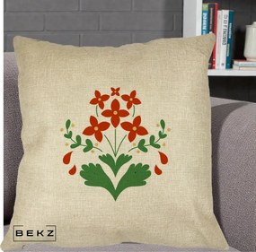 Perna Decorativa Buchet Floral Folk Rosu-Verde, 40x40 cm, Crem, Husa Detasabila, Perna Inclusa, BEKZ®