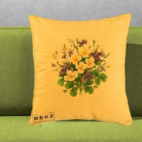 Perna Decorativa Viorele Iris Violet si Trifoi, 40x40 cm, Galben, Husa Detasabila, Perna Inclusa, BEKZ®
