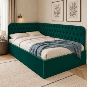 Pat tapițat pentru copii din catifea Elyra 120×200 cm, verde, colț dreapta, cu ladă de depozitare