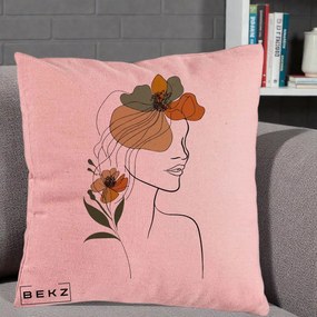 Perna decorativa line art Portret Feminin Flori Multicolore, 40x40 cm cu Umplutura, Roz, BEKZ