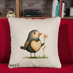 Perna Decorativa Pasare cu Inima si Margareta, 40x40 cm, Bej Canapea, Husa Detasabila, Perna Inclusa, BEKZ®