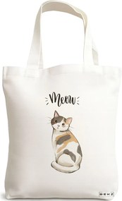 Sacosa de Panza pentru Cumparaturi, Geanta Tote, model Meow 2, 38x34.5 cm, Alba, BEKZ®