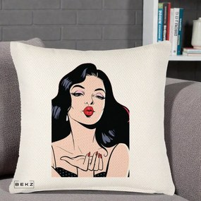 Perna Decorativa Femeie Pop-Art Kiss, 40x40 cm, Crem Reliefat, Husa Detasabila, Perna Inclusa, BEKZ®