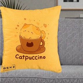 Perna Decorativa Catpuccino Pisica Cappuccino, 40x40 cm, Galben, Husa Detasabila, Perna Inclusa, BEKZ®