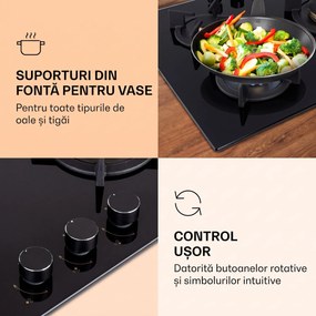 Klarstein Goldflame 3, plită pe gaz, 3 arzătoare, arzătoare Messing, sticlă ceramică