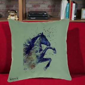 Perna Decorativa Cal Albastru Acuarela, 40x40 cm, Verde, Husa Detasabila, Perna Inclusa, BEKZ®