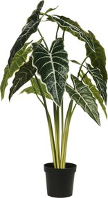 Planta artificiala Alocasia, Azay Design, cu frunze verzi si detalii albe, din poliester, aspect natural, pentru interior, in ghiveci negru, inaltime 80 cm