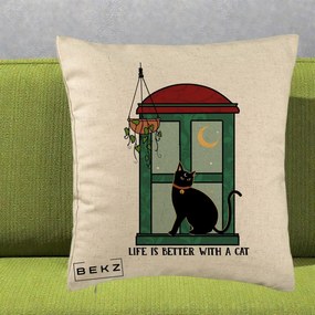 Perna Personalizata Life is Better with a Cat Geam, 40x40 cm, Bej, Husa Detasabila, Perna Inclusa, BEKZ®