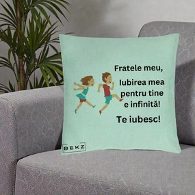 Cadou pentru Frate - Perna Personalizata Fratele Meu Te Iubesc Copii Alergand Colorat, 40x40 cm, Verde Menta, Husa Detasabila, Perna Inclusa, BEKZ®