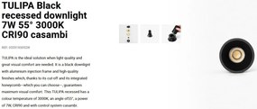 Spot LED incastrabil TULIPA Black recessed downlight 7W 55° 3000K CRI90 casambi