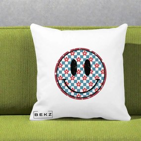 Perna Decorativa Smiley Face Checkered cu Floricele, 40x40 cm, Alba Mata, Husa Detasabila, Perna Inclusa, BEKZ®