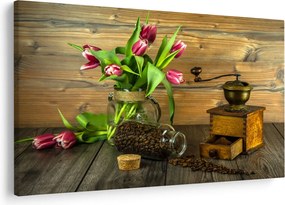 Tablou - lalele, râșniță și cafea (90x60 cm)