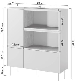 Comodă înaltă cu două uși Desin 120 2U1S - roșu ceramică / stejar Nagano