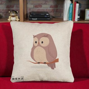 Perna Decorativa Bufnita Kawaii pe Creanga, 40x40 cm, Bej Canapea, Husa Detasabila, Perna Inclusa, BEKZ®