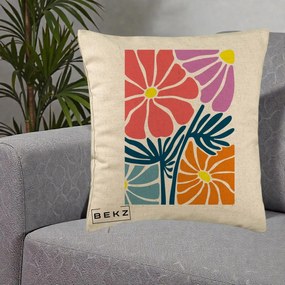 Perna Decorativa Flori Grafice Roz-Orange-Albastru, 40x40 cm, Bej, Husa Detasabila, Perna Inclusa, BEKZ®