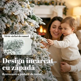 HOMCOM Brad de Crăciun Înzăpezit 180 cm cu 350 de Lumini LED Alb Cald, Timer, Telecomandă, 8 Modalități, 740 de Ramuri Ignifuge | Aosom Romania
