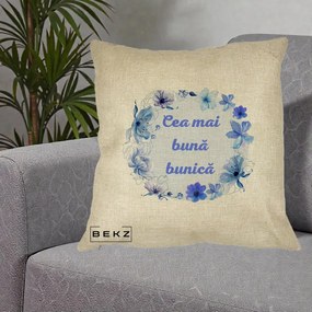 Cadou pentru Bunica - Perna Personalizata Cea Mai Buna Bunica Coronita Flori Albastre Acuarela, 40x40 cm, Crem, Husa Detasabila, Perna Inclusa, BEKZ®