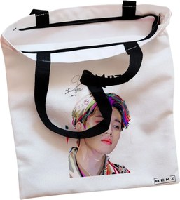 Sacosa de Panza pentru Cumparaturi, Geanta Tote, model BTS Jimin cu semnatura 3, Cu fermoar, 38x34.5 cm, Alba, BEKZ®