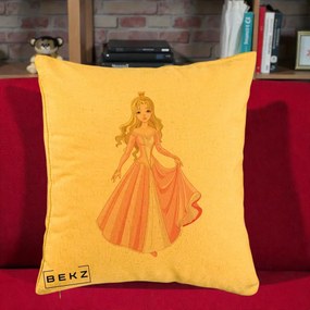 Perna Decorativa Printesa Aurora Rochie Roz, 40x40 cm, Galben, Husa Detasabila, Perna Inclusa, BEKZ®