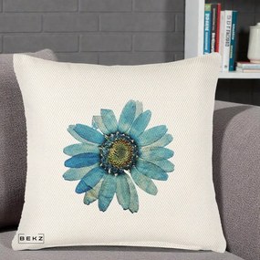 Perna Decorativa Floare Margareta Albastra Acuarela, 40x40 cm, Crem Reliefat, Husa Detasabila, Perna Inclusa, BEKZ®