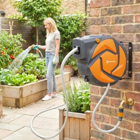 DURHAND Furtun retractabil de perete cu derulator 10+1 m, retragere automată și duză cu 7 funcții, rotire 180° | Aosom Romania