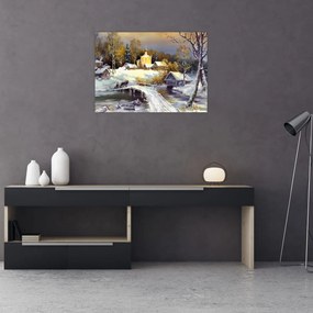 Tablou pe sticlă - Orășel iarna (70x50 cm)